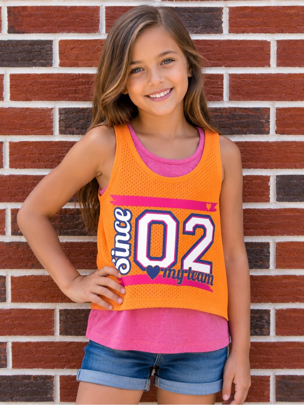 Danskin Now Girls Size 7/8 2-in-1 Athletic Tank Top Orange Pink Activewear Mesh